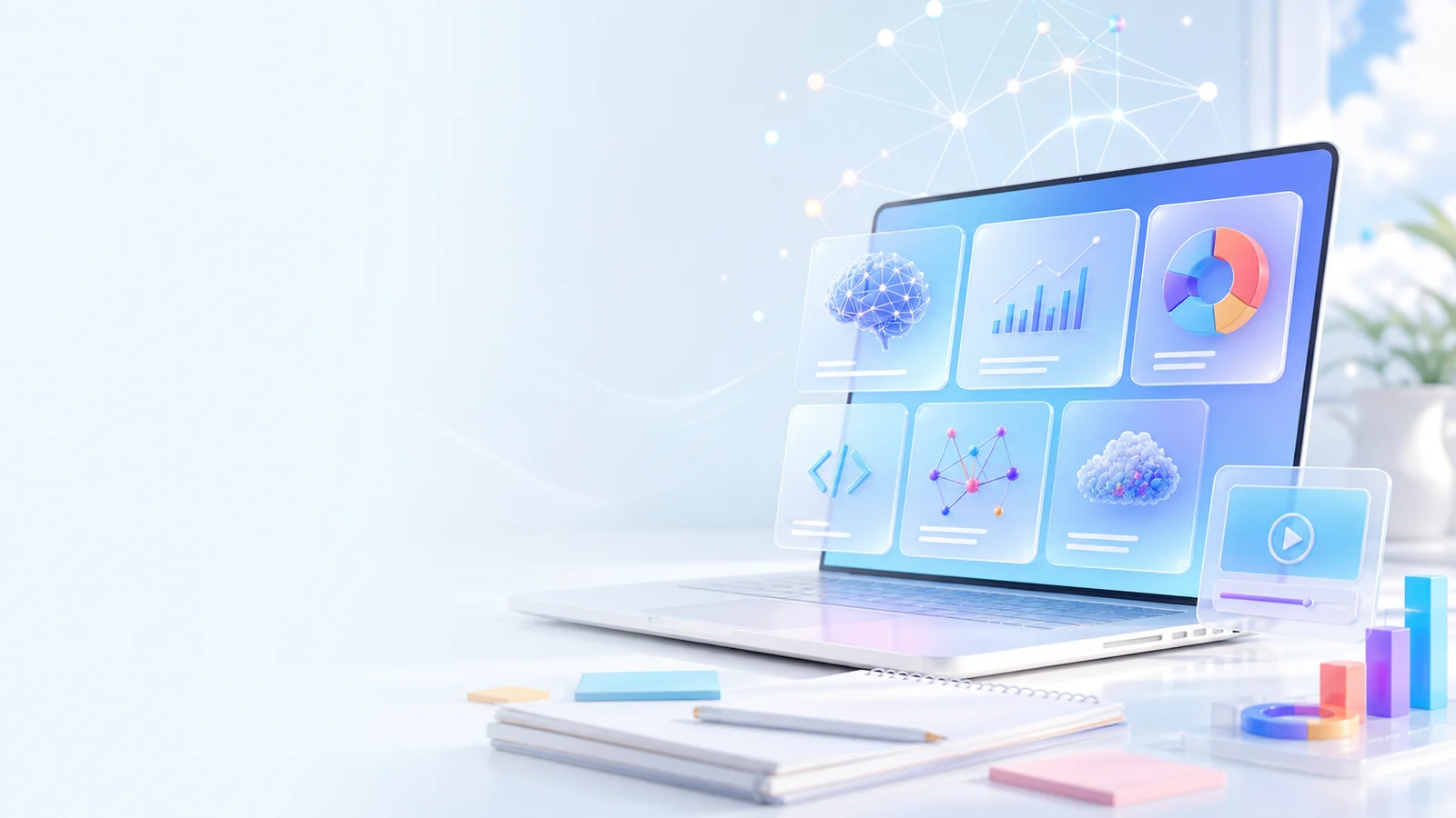 Plataforma luminosa de aprendizaje con inteligencia artificial, negocios y tecnología
